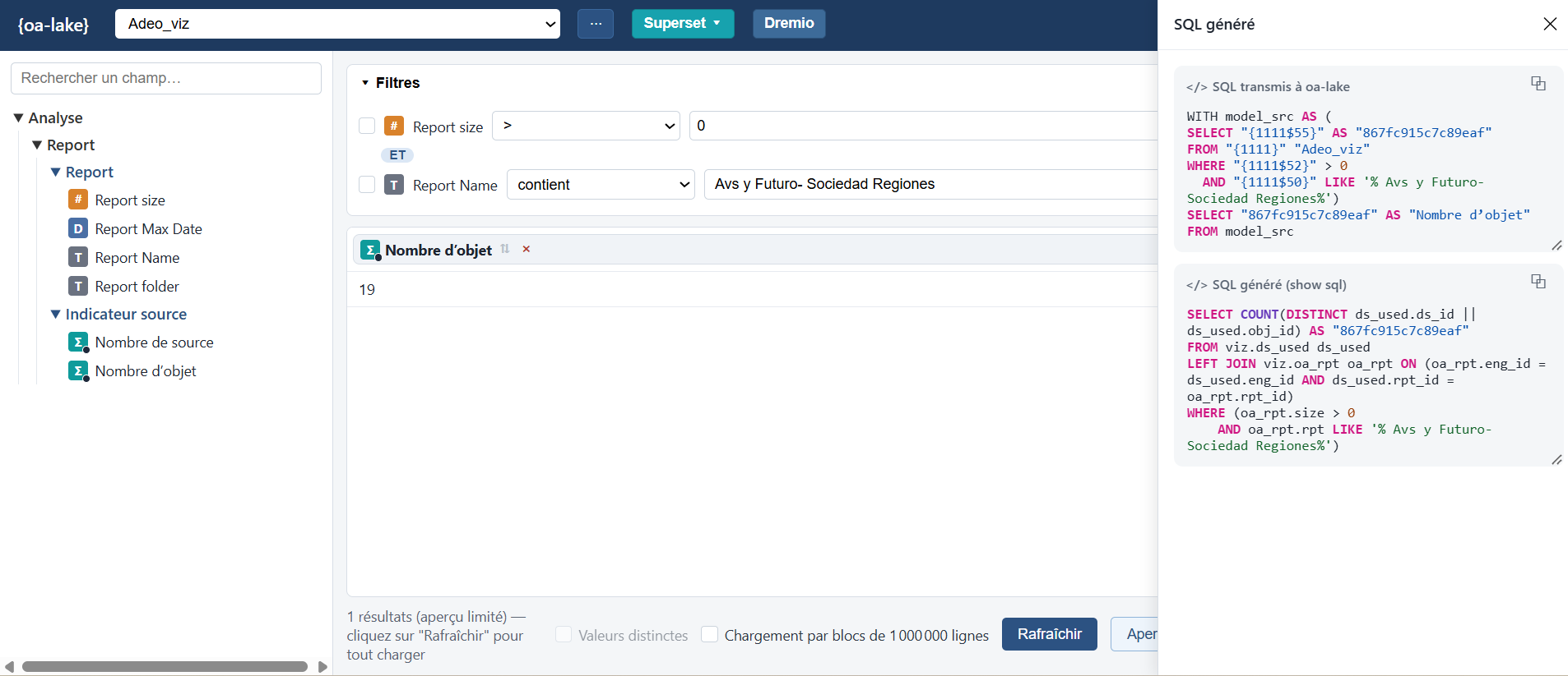 Capture d'écran : Interface d’exploration de la couche sémantique {oa-lake} avec génération SQL